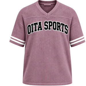 Dusty Pink Knit <b>V</b> <b>Neck</b> Sports Jersey Short Sleeve White Stripe Detail Custom <b>Oversized</b> Casual Athletic Performance Team <b>Shirt</b> - Product Image 1