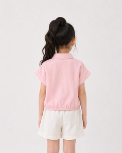 เสื้อเชิ้ตแขนสั้นผ้าลินินผสมสีชมพูสำหรับเด็กผู้หญิง |   เสื้อเชิ้ตติดกระดุมลำลองสำหรับฤดูร้อน - Product Image 5