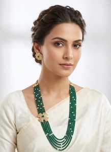 Classic Long Multi-Layered Brass Antique Gold Plated Imitation Pearl & Pink Stone Bridal <b>Wedding</b> <b>Necklace</b> <b>Set</b> - Product Image 3