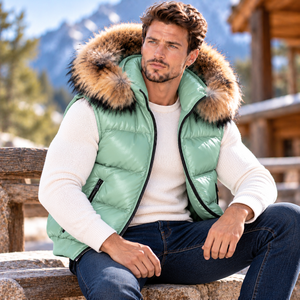 Chaleco de cuero acolchado para hombre con capucha de piel de zorro para invierno |   Chaleco de cuero para hombre con capucha de piel de zorro, chaleco para hombre - Product Image 1