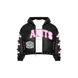 ชุดเซ็ตสเวตสูทแบบซิปแต่งครอปสไตล์ดิสเทรส ประดับคริสตัล สตรีทแวร์ ทรงแบ็กกี้ กางเกงขาบานและเสื้อฮู้ด - Product Image 4