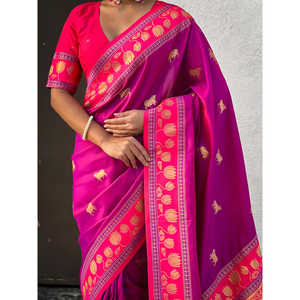 Sari traditionnel en soie douce rose bonbon, tissé à la main avec des fils Zari, robes de soirée élégantes - Product Image 2