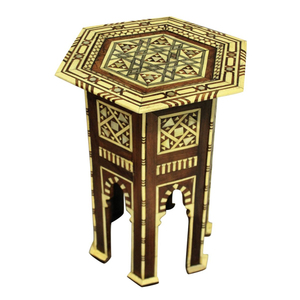 Table d'appoint marocaine vintage artisanale en nacre et os incrustés, plateau octogonal à motif géométrique, parfaite pour la décoration intérieure - Product Image 1