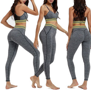 Conjunto de Pantalones de Yoga de Cintura Alta Color Gris Jaspeado para Mujer, Directo de Fábrica, Conjunto Deportivo de Dos Piezas con Rayas en Contraste para Gimnasio - Product Image 1
