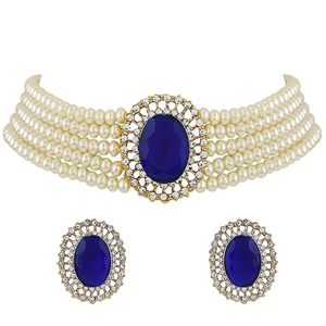 Parure de bijoux de mariée classique en alliage plaqué or rose avec perles d'imitation, collier, boucles d'oreilles et diadème, ornée de cristaux bleus pour femme - Product Image 1