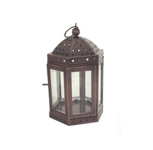 Lanterne à bougie suspendue en métal blanc vieilli, grande, avec toit pyramidal, anneau en verre bleu teinté et poignée, pour décoration de table - Product Image 6