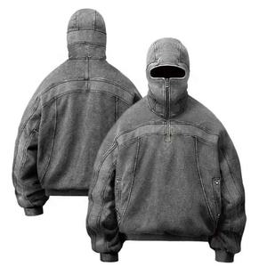 Low MOQ Winter Acid Wash Letter 100% Cotton Hoodie Wholesale Drop Shoulder Vintage Men Hooded Full <b>Face</b> Half Zip Retro Ninja - Product Image 3