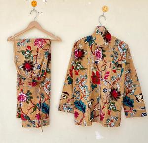 Indian 100% Pure Organic Cotton Unisex Pajama Set Soft Breathable Full Length Trouser Shirt Floral Print - Product Image 1