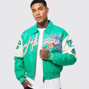 Blouson bomber vert en PU pour homme avec patch brodé, col rabattable, fermeture éclair, style streetwear, vêtement d'extérieur pour l'automne - Product Image 1
