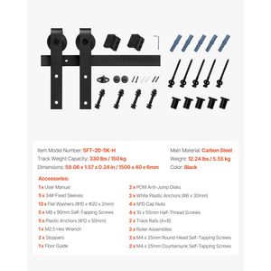 Kit Ferramenta per Porta Scorrevole Stile Barn da 5FT, Capacità di Carico 330 LBS, Compatibile con Larghezza Massima 30 Pollici, Spessore 1 3/8 - 1 3/4 Pollici, per Appartamenti - Product Image 4