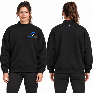 Custom <b>Women</b> Oversized Pullover <b>Black</b> Printed Mock Neck Streetwear <b>Sweatshirt</b> Full Sleeve Solid Knitted Breathable Eco-Friendly - Product Image 1