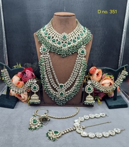 Triangular Motif Bridal <b>Jewellery</b> <b>Set</b> With Jhumka Earring Antique Gold Plated Traditional Ethnic <b>Wedding</b> Wear <b>Jewellery</b> Supplier - Product Image 2