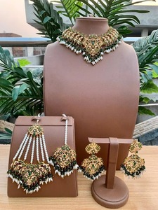 Modern Afghan Gold Chain <b>Necklace</b> Featuring Emerald Green And <b>Ruby</b> Red Rectangular Crystals In A Floral White - Product Image 5