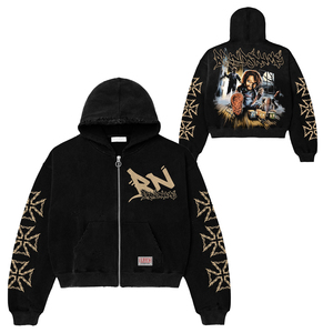 Sudadera con capucha negra con cremallera para hombre, estampado Chucky, corte regular oversize, estilo urbano, de algodón y felpa, para otoño, 2 piezas - Product Image 1