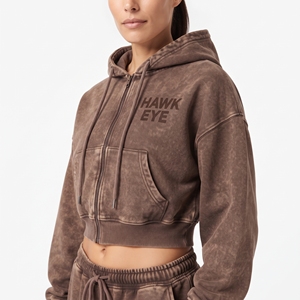 Clothing Manufacturer Women Acid Wash Full Zip Solid Color <b>Crop</b> Top Hoodie And Wide Leg <b>Jogger</b> Pant Casual Wear Two Piece Set - Product Image 3