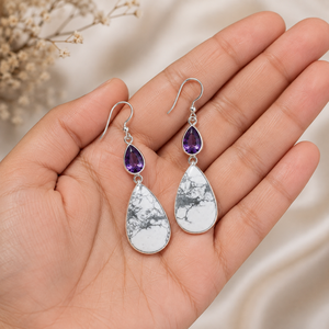 Wholesale Certified 925 Sterling <b>Silver</b> Natural Amethyst White Howlite Gemstone Bohemian Style Handcrafted <b>Dangle</b> <b>Earrings</b> - Product Image 2