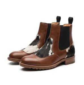 Brown Leather Cow Print Chelsea Boots Round Toe <b>Slip</b>-<b>On</b> Anti-Slippery Rubber Outsole EVA Midsole All Seasons - Product Image 2