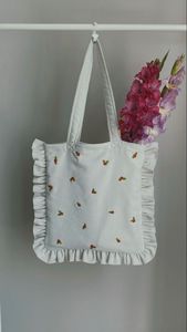 <b>White</b> Cotton Tote <b>Bag</b> With Ruffles And Cherry Embroidery For Women Casual Daily Use 100% Cotton Canvas Tote <b>Bag</b> Eco Friendly - Product Image 5