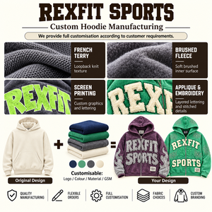 Sudadera con capucha Rexfit Sports con cremallera completa, letras en relieve en el pecho, detalle de capucha con tachuelas, dobladillo acanalado y cómoda sudadera unisex holgada. - Product Image 4