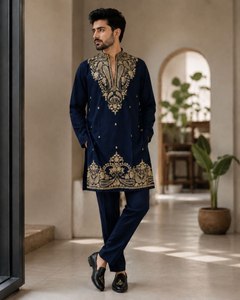 <b>Men's</b> Black Embroidered <b>Kurta</b> With Gold detailing Traditional Indian Wedding Wear Ankle Length Cotton Regular Fit - Product Image 4