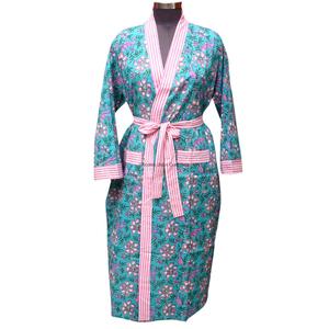 Robe kimono pour femme en coton 100% respirant et doux, à col en V, à fleurs, avec ceinture, longue, manches longues, séchage rapide, lavable en machine - Product Image 1