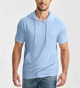 Sudadera con Capucha de Manga Corta para Hombre, 100% Algodón, 260 GSM, Ligera, Lisa, con Bolsillo, Venta al Por Mayor Directa de Fábrica, OEM - Product Image 3