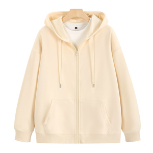 Unisex Cream Hooded Zip-Up Sweatshirt Oversized Fit Solid Color Casual Knitted Cotton Autumn Wear2027 - Product Image 1
