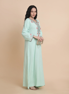 Jalabiya traditionnelle vert mousse de mer pour femmes musulmanes avec broderie florale, manches longues, légère, pour usage quotidien - Product Image 3