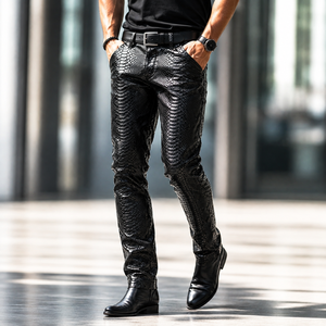 <b>Men</b> Snakeskin <b>Leather</b> <b>Pants</b> High Waist Slim Fit Full Length Flat Front Breathable Lightweight Vintage Casual Trousers - Product Image 3