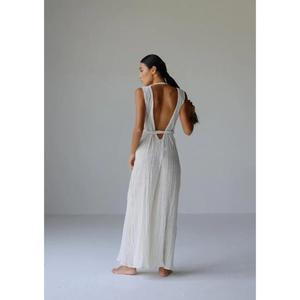 Elegant White Deep V Neck Sleeveless Wide Leg Jumpsuit For <b>Women</b> Pleated Backless Summer <b>Romper</b> - Product Image 5