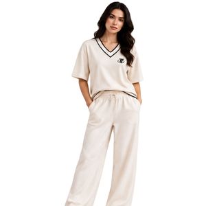 Women's Ivory Solid Casual Two-Piece Set V-Neck <b>Short</b> <b>Sleeve</b> <b>Top</b> and Wide-Leg Drawstring Pants 100% Polyester Breathable - Product Image 1