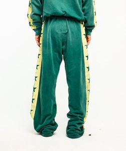 Green Wide Leg Fleece Pants With Yellow Star Side <b>Stripe</b> Drawstring Waist Casual Autumn Loose Fit Full Length Knitted Cotton - Product Image 2