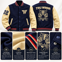 Veste universitaire personnalisée bleu marine avec manches en cuir crème, veste de baseball en laine avec logo brodé, vente en gros, OEM