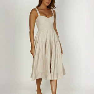 Robe midi dos nu ample et décontractée en coton et lin, couleur unie, taille naturelle, manches évasées, style halter, respirante, pour l'été – Vente en gros - Product Image 2