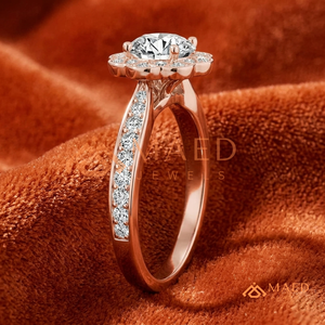 Round Cut Moissanite Floral Halo Engagement Ring Rose Gold Plated Pave Band Wedding Ring Jewelry <b>Gift</b> - Product Image 2