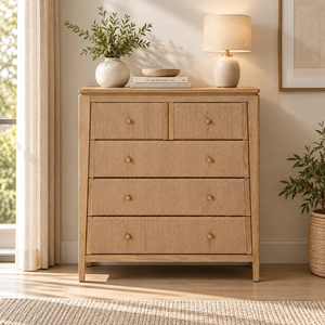 Commode haute moderne en chêne massif à 5 tiroirs, meuble de rangement pour chambre à coucher avec finition grain de bois naturel pour la maison - Product Image 1