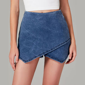 Falda de doble capa con efecto de pantalón vaquero para mujer, azul marino, estilo envolvente, última moda urbana, pantalones cortos de mezclilla - Product Image 6