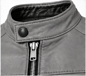 Chaqueta de Cuero PU Gris para Hombre, Estilo Motero, Cuello Alto, Cierre de Cremallera, Corte Ajustado, para Otoño - Product Image 6