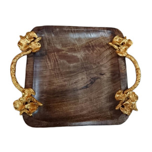 Wooden Serving Square <b>Tray</b> With Metal Gold Handle <b>Tray</b> Breakfast Lunch <b>Dinner</b> Kitchen Home Hotel With Best Quality From India - Product Image 1