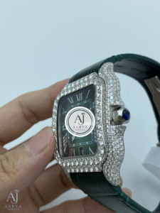 Montre à quartz Miyota avec incrustation de diamants, cadran carré, bracelet vert de 20 mm, chiffres romains, montre analogique, style luxueux - Product Image 4