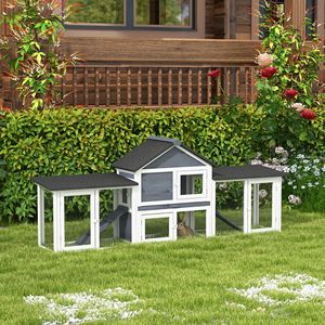 Conigliera Deluxe XL a 2 Piani per Esterni, 83 Pollici, in Legno di Abete Grigio Scuro, con Scala e Recinto, Stile Classico - Product Image 2