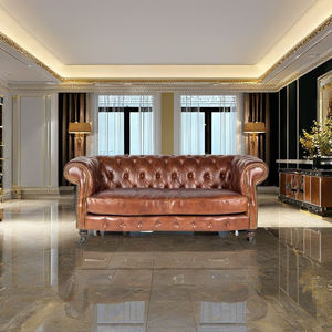 Canapé d'angle Chesterfield moderne en cuir véritable trois places avec cadre en bois massif, convertible en lit, pour salon - Product Image 1