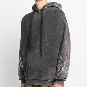 Sweat à capuche oversize en coton délavé pour homme avec imprimé flamme sur les manches, coupe classique, style décontracté, idéal pour l'automne - Product Image 3