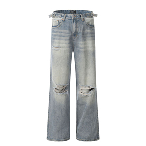 Vaqueros de hombre de pierna ancha, lavado nieve, desgastados, ajuste holgado, vintage, cintura media, pantalones casuales de verano, ecológicos, de secado rápido, 100% - Product Image 1