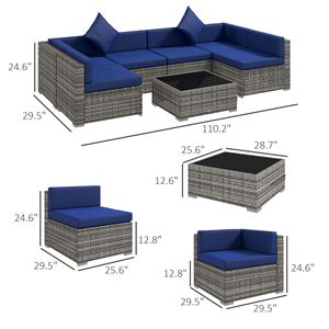 <b>7</b>-Piece Mixed Gray Blue Outdoor Rattan Sofa Set Wicker Patio Furniture <b>Iron</b> Glass Top Coffee Table Pillows Included Hospitals - Product Image 3