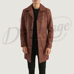 Manteau trench-coat en cuir véritable marron pour homme, coupe classique slim, long, chaud et doux pour l'hiver. - Product Image 5