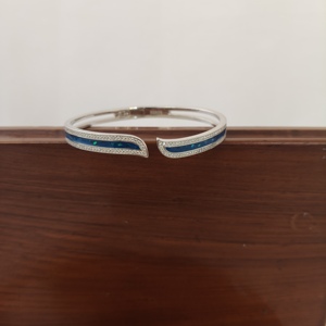925 Sterling <b>Silver</b> Blue Opal Enamel Open <b>Cuff</b> Bangle Minimalist Wave Design <b>Bracelet</b> Women Romantic Gift Daily Wear Party - Product Image 2