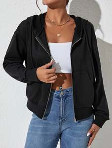 Women's <b>Black</b> <b>Zipper</b> <b>Hoodie</b> Solid Color Cotton Knitted Full Sleeve Casual Autumn Wear Breathable Pocket Design - Product Image 1