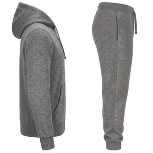 Ensemble de survêtement pour homme en molleton gris chiné avec sweat à capuche zippé et pantalon assorti, style décontracté et streetwear - Product Image 6