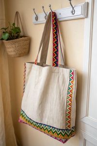 Rectangular Use Embroidered Canvas Tote <b>Bag</b> With Tassel Decor Large Capacity Handmade <b>Storage</b> <b>Bag</b> - Product Image 2
